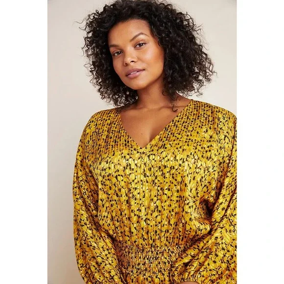 by Anthropologie Marigold Midi Dress Smocked V-Neck Gold Women's Plus Size 3X - Picture 10 of 14